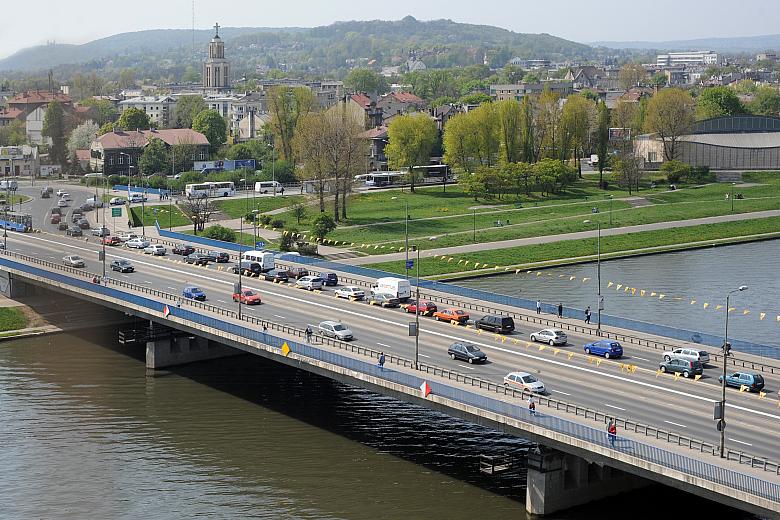 Blisko, prawie pod balonem most Grunwaldzki, a dalej zabudowa Dębnik, kościół św. Stanisława Kostki i wreszcie Kopiec Kościuszki